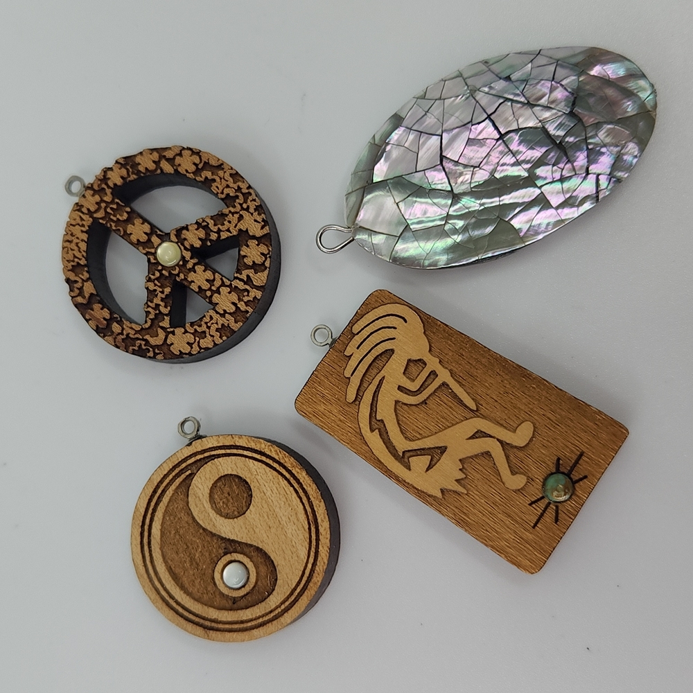 Four Pendants for Jewelry Crafting: Three Wooden and One Shell